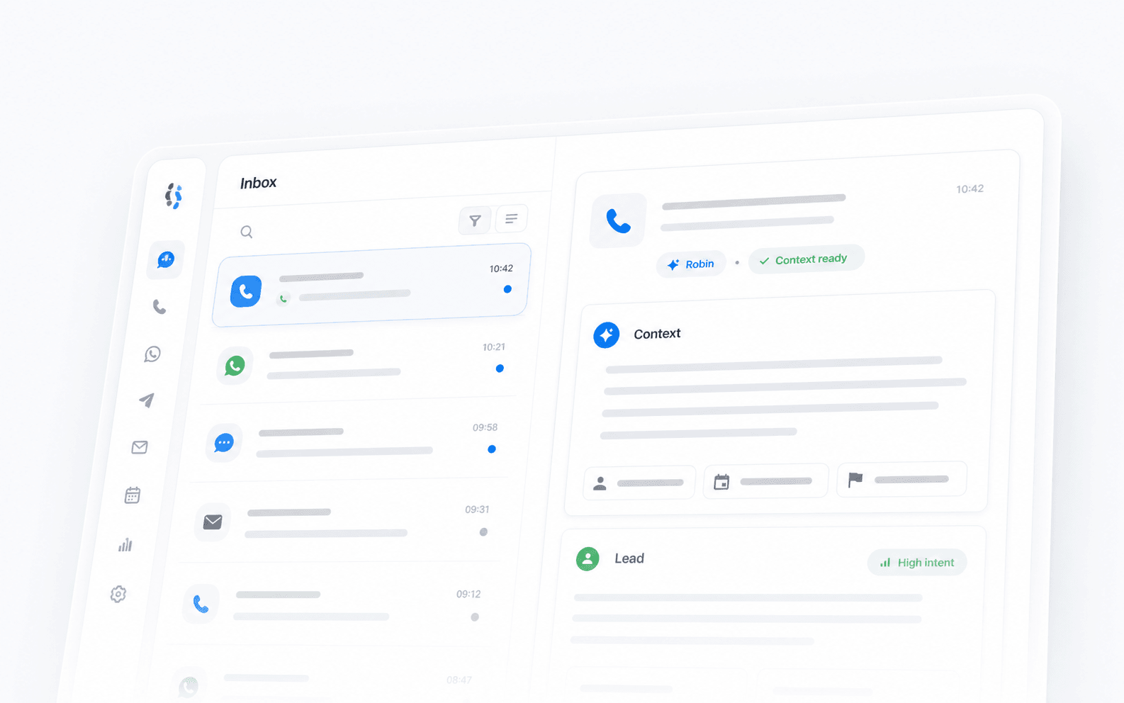 Voicelabs inbox dashboard met gespreksoverdracht en context