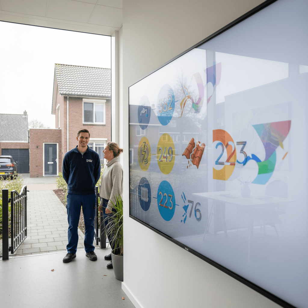 Infographic die de verdeling van klachten toont: loodgieters (382), elektriciens (249), dakwerkers (223), verwarmingstechnici (76). Visueel als lekkende kraan, vonkende draad, kapotte dakpan en radiator.