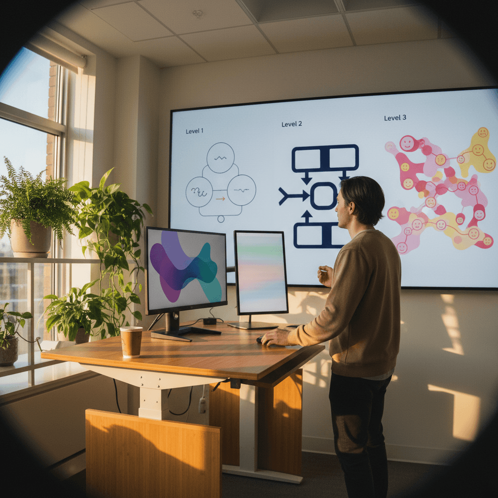 Infographic die de drie levels van AI-assistenten visualiseert: Level 1 (simpele Q&A met tekstballonnen), Level 2 (gestructureerde flows met pijlen), Level 3 (complexe gesprekswebben met emotie-indicatoren)