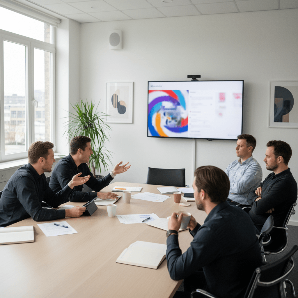Illustratie van een salesteam rond een tafel, met een scherm waarop AI-notities verschijnen, sommige teamleden enthousiast, anderen sceptisch kijkend