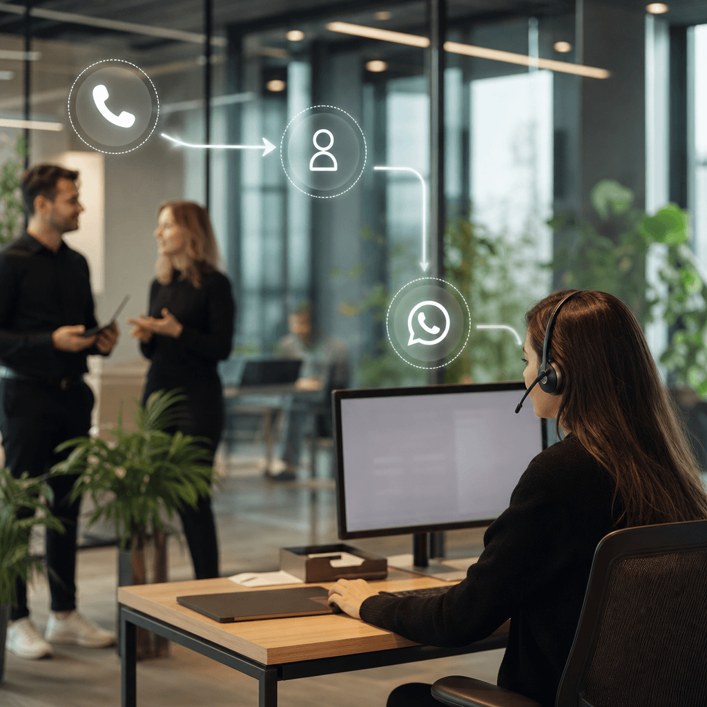 Visualisatie van een geïntegreerde workflow: telefoonoproep komt binnen bij AI-agent, wordt automatisch gekoppeld aan CRM-profiel, en triggert WhatsApp bevestiging. Pijlen tonen de dataflow tussen kanalen.