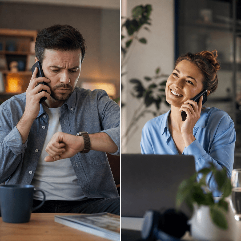 Split-screen vergelijking: links een gefrustreerde beller met telefoon aan oor en klok die 4:32 wachttijd toont, rechts een tevreden klant die binnen 3 seconden antwoord krijgt via AI met bevestiging op scherm.