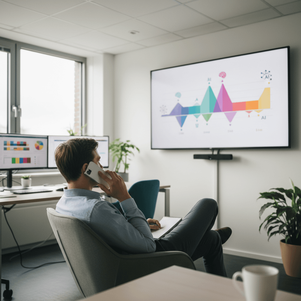 Een grafiek die belvolume over 24 uur toont, met AI-iconen bij de pieken en nachtelijke uren, en menselijke iconen bij de reguliere kantooruren