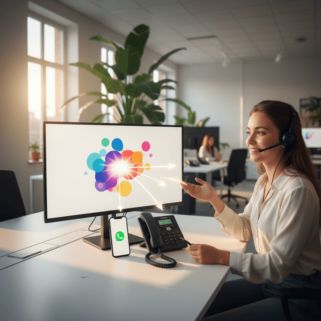 Visuele weergave van convergentie: een smartphone met WhatsApp-icoon en een bureautelefoon die samenkomen in één centraal AI-dashboard, met pijlen die de vereenvoudiging symboliseren