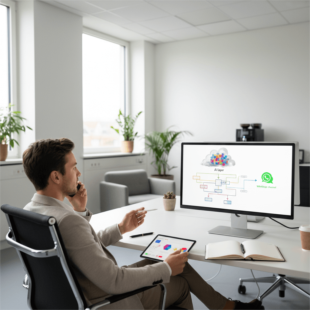 Schematische weergave van een bestaand telefoonsysteem (PBX/VoIP) met een AI-laag die er bovenop wordt geplaatst als 'intelligente filter', met WhatsApp als extra kanaal ernaast