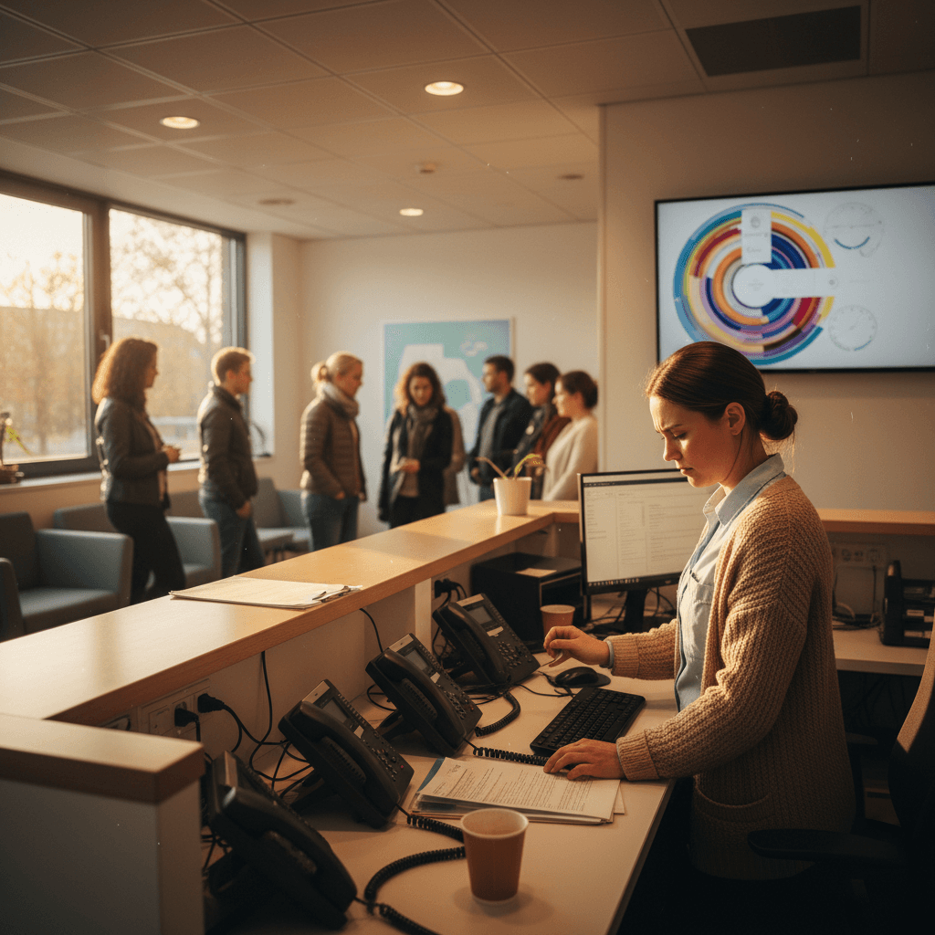 Illustratie van een gestresste zorgassistente achter een balie met meerdere rinkelende telefoons en een wachtrij van patiënten, in warme maar gedempte kleuren die de druk visualiseren