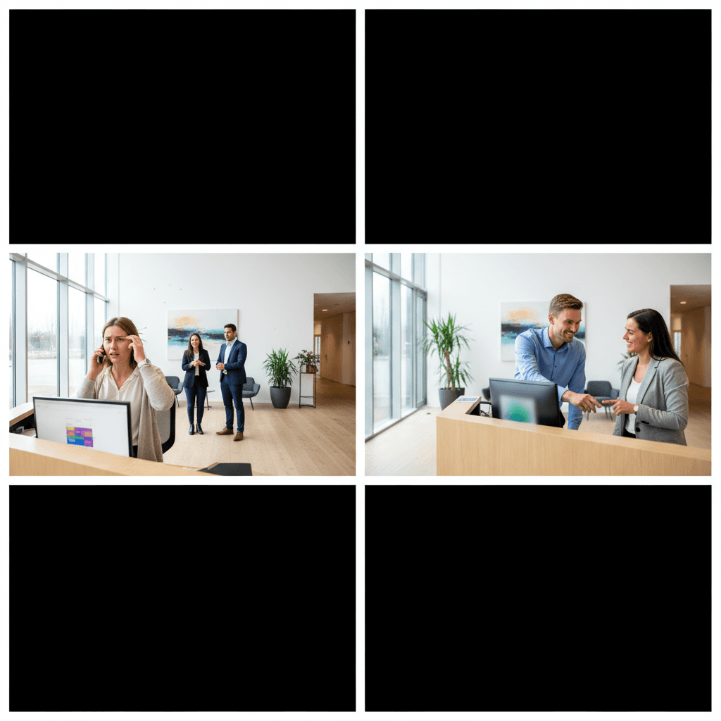 Split-screen illustratie: links een gefrustreerde receptionist met telefoon aan oor terwijl gasten wachten, rechts een glimlachende receptionist die persoonlijk een gast helpt bij de balie