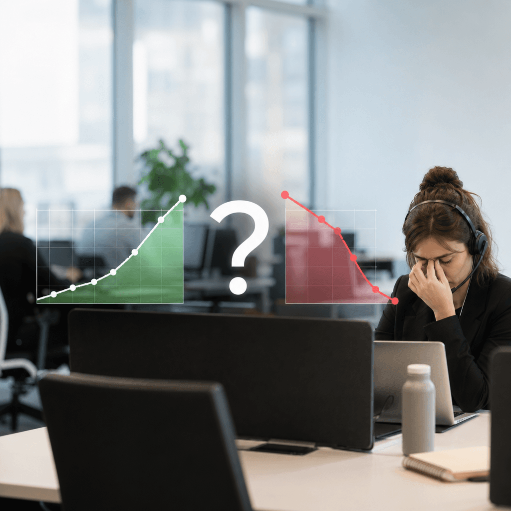 Infographic met twee contrasterende grafieken: links een stijgende lijn '84% meer AI-investeringen', rechts een dalende lijn 'klanttevredenheid', met een groot vraagteken in het midden