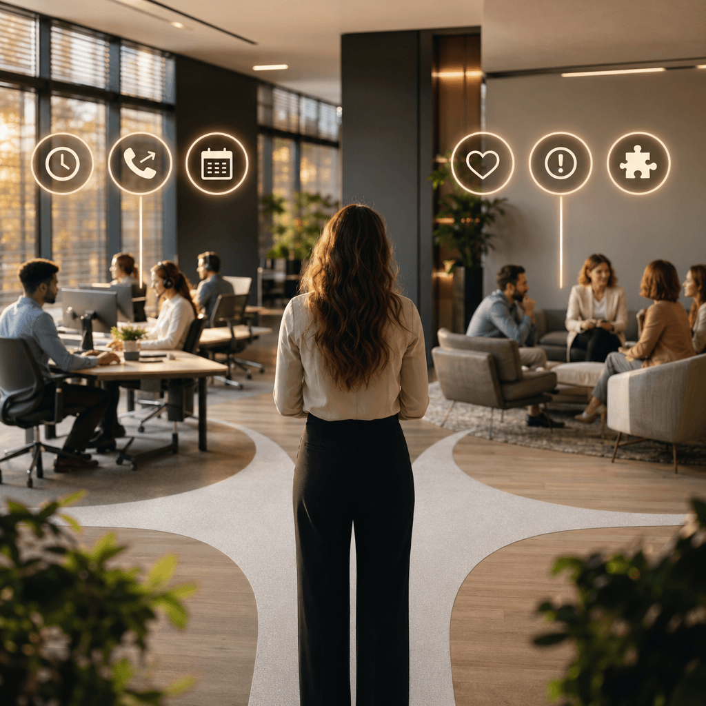 Visuele beslisboom met twee takken: links 'Voice AI geschikt' (iconen: klok 24/7, telefoon met pijlen voor routering, kalender voor pieken), rechts 'Menselijk contact beter' (iconen: hart voor empathie, uitroepteken voor klachten, puzzelstukje voor maatwerk)