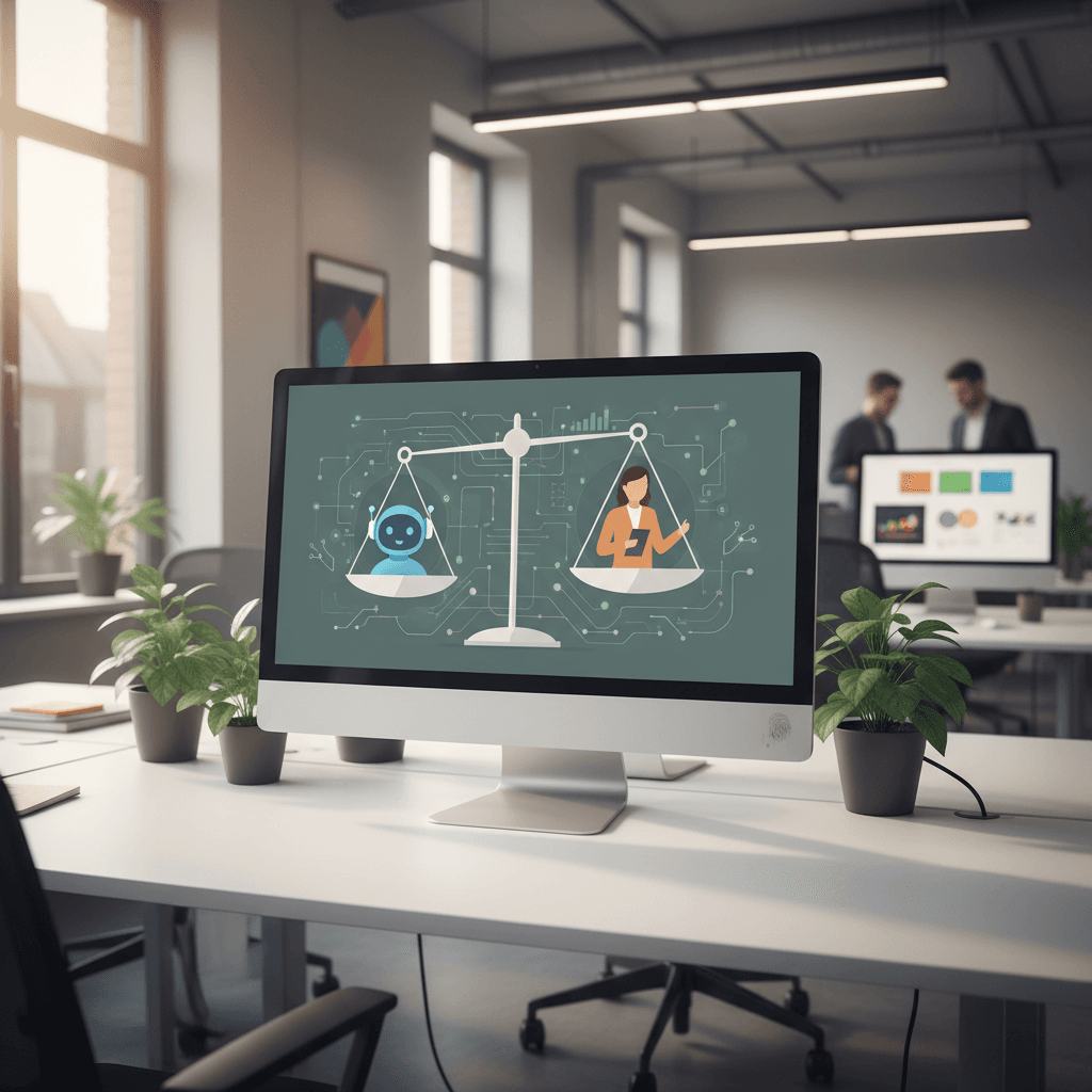 Illustratie van een weegschaal met aan de ene kant een AI-icoon (robot/headset) en aan de andere kant een menselijke medewerker, die samen in balans zijn. Visualiseert de strategische verdeling tussen AI en menselijk contact.