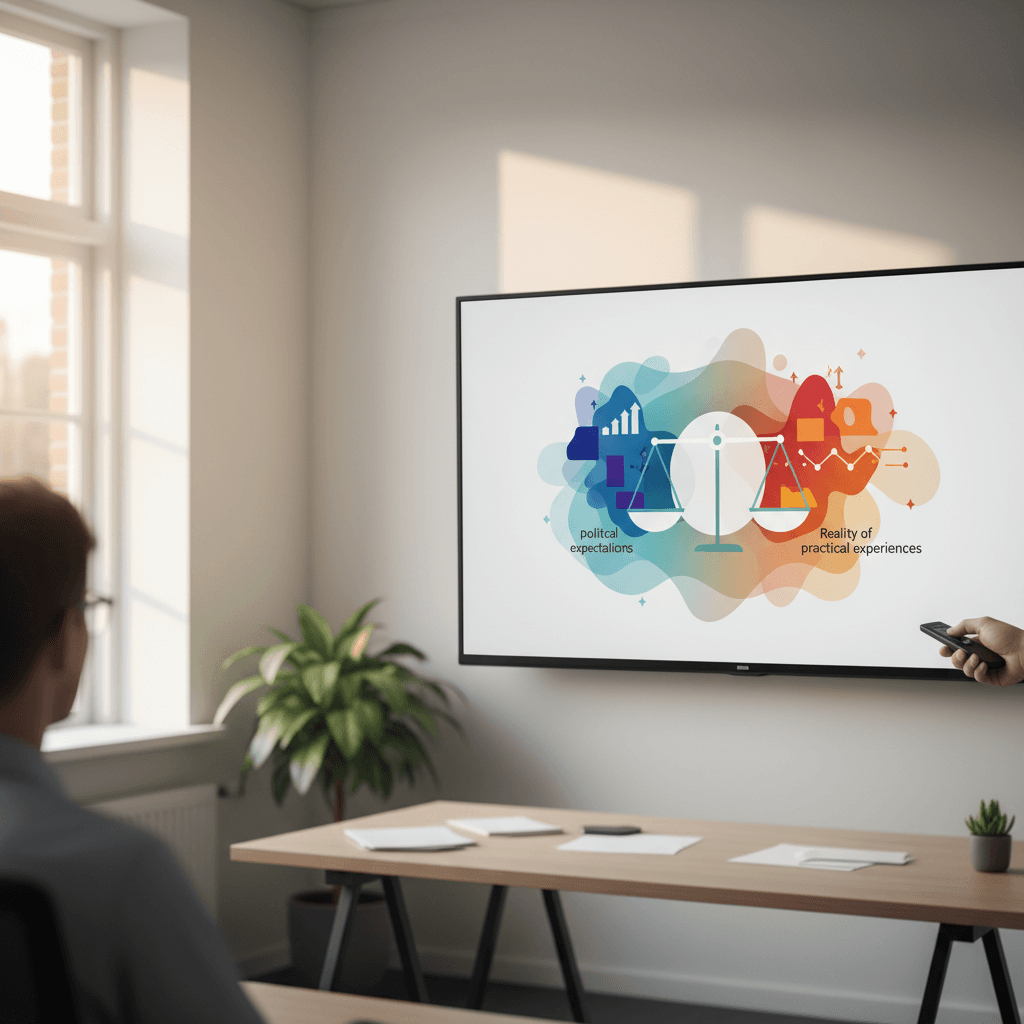 Infographic die de verwachtingen van politiek (links) versus de realiteit van praktijkervaringen (rechts) toont, met een weegschaal als centraal element