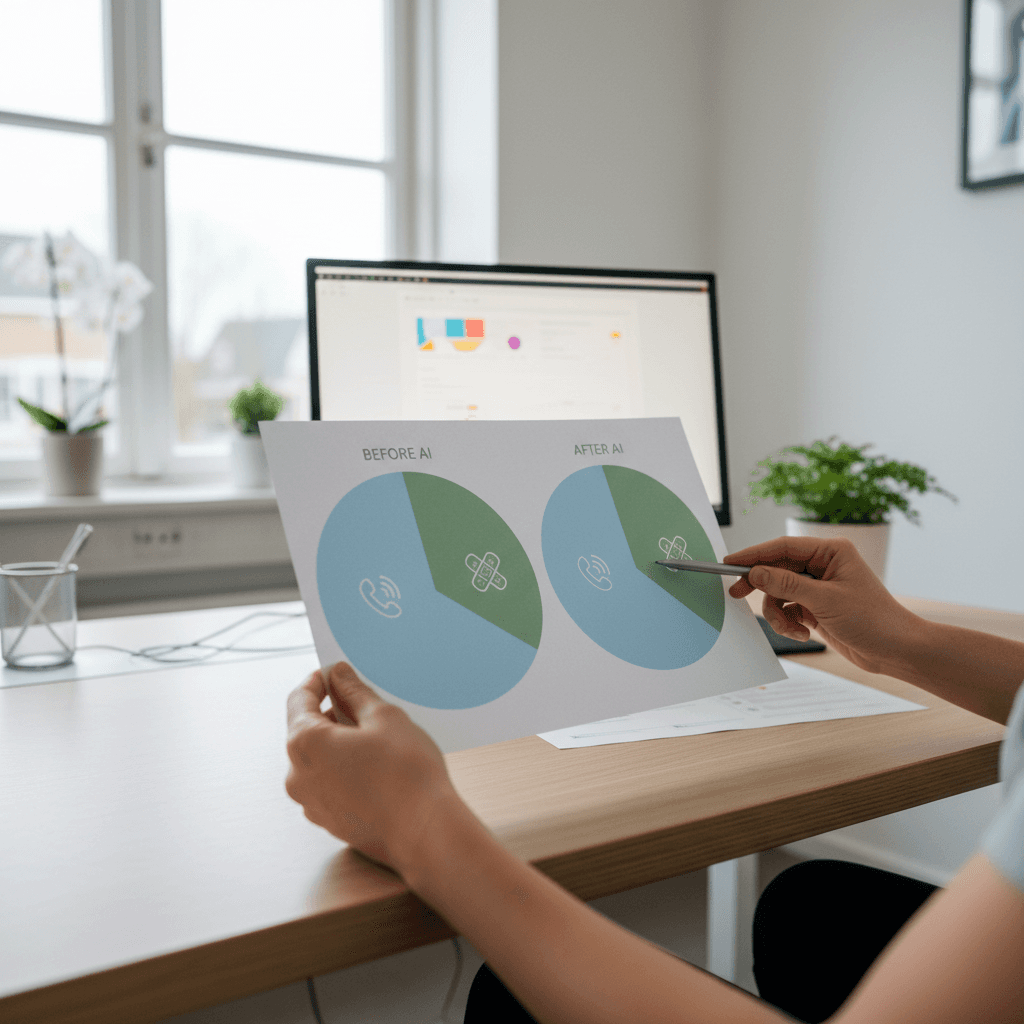 Taartdiagram dat laat zien hoe de werktijd van een praktijkassistente verschuift: voor AI (70% telefoon, 30% zorg) versus na AI (20% telefoon, 80% zorg)