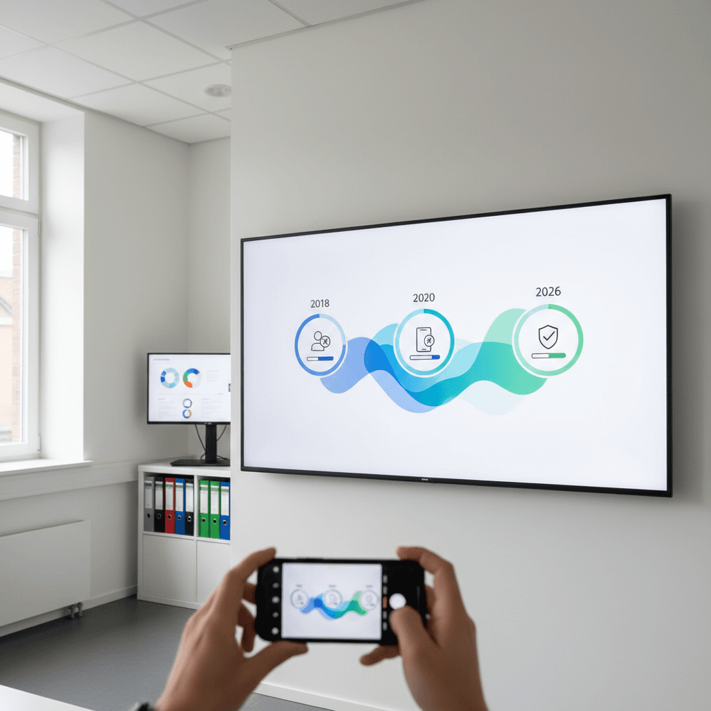 Infographic die de tijdlijn toont: van 0% videoconsult-verwachting (2018) naar 90% digitale zorg-verwachting (2020) naar verzekeraarseisen (2026)