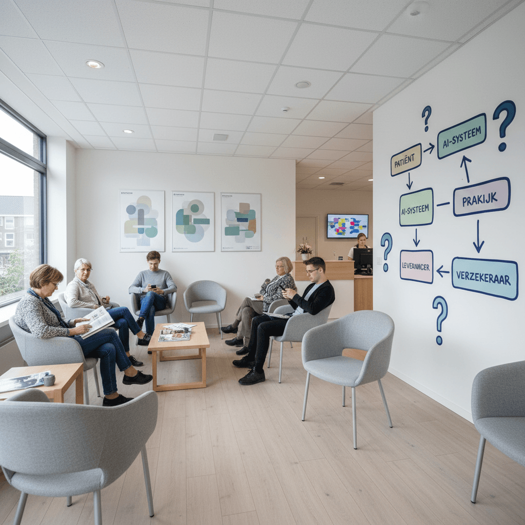 Schematische weergave van de aansprakelijkheidsketen: patiënt, AI-systeem, praktijk, leverancier, verzekeraar, met vraagtekens bij de verantwoordelijkheidsgrenzen