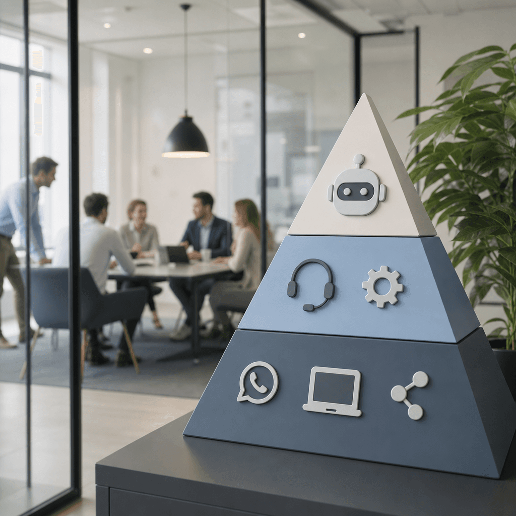 Infographic van het 3-lagen model als piramide: onderaan 'Self-service' (breed), midden 'Agent-assistentie', top 'Autonome afhandeling'. Per laag iconen voor de technologie (WhatsApp, CRM, AI-agent) en percentages kostenbesparing.