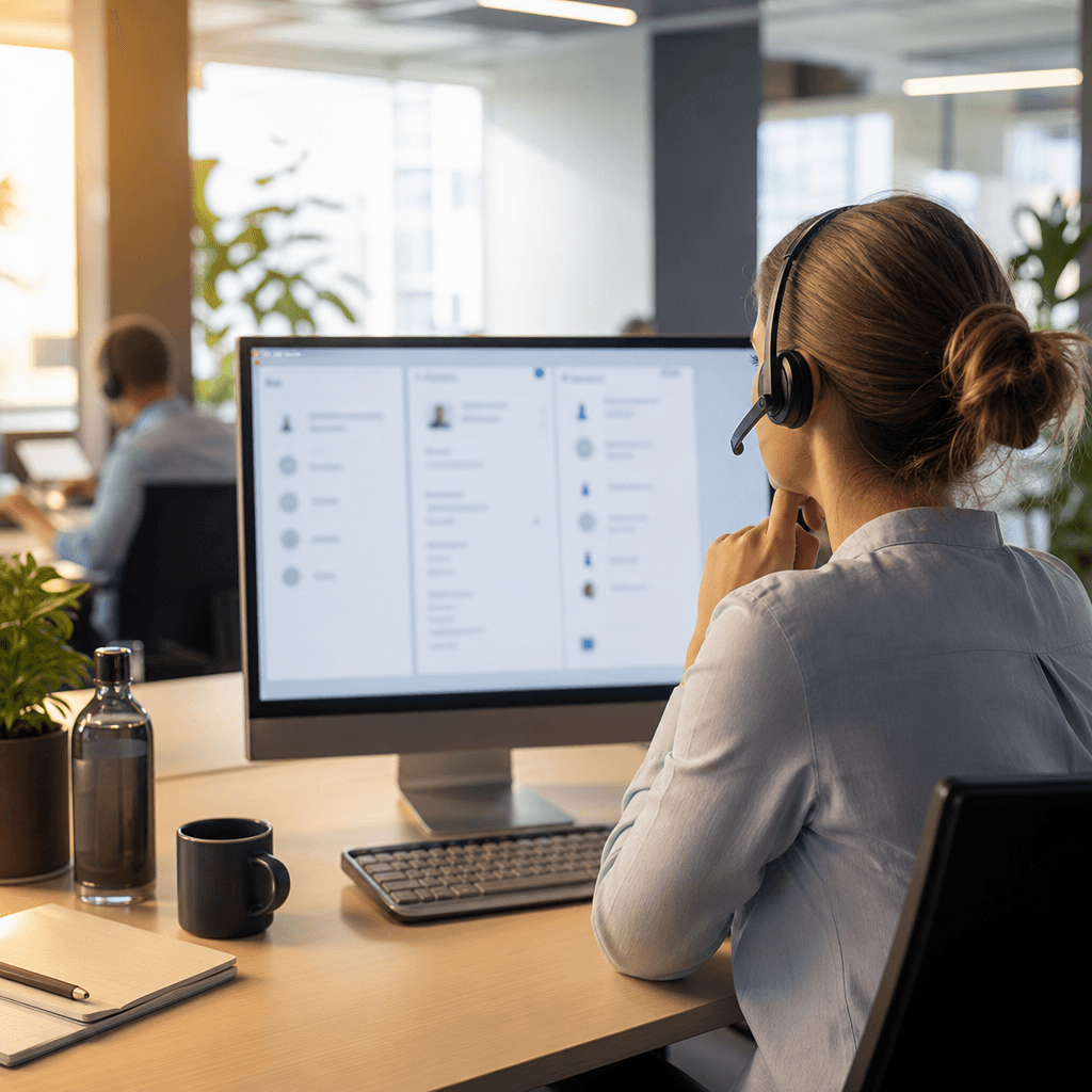 Screenshot-stijl mockup van een agent-dashboard tijdens een gesprek: links de klantkaart uit CRM, rechts AI-suggesties voor antwoorden, onderaan automatische gespreksnotities die live worden aangevuld.
