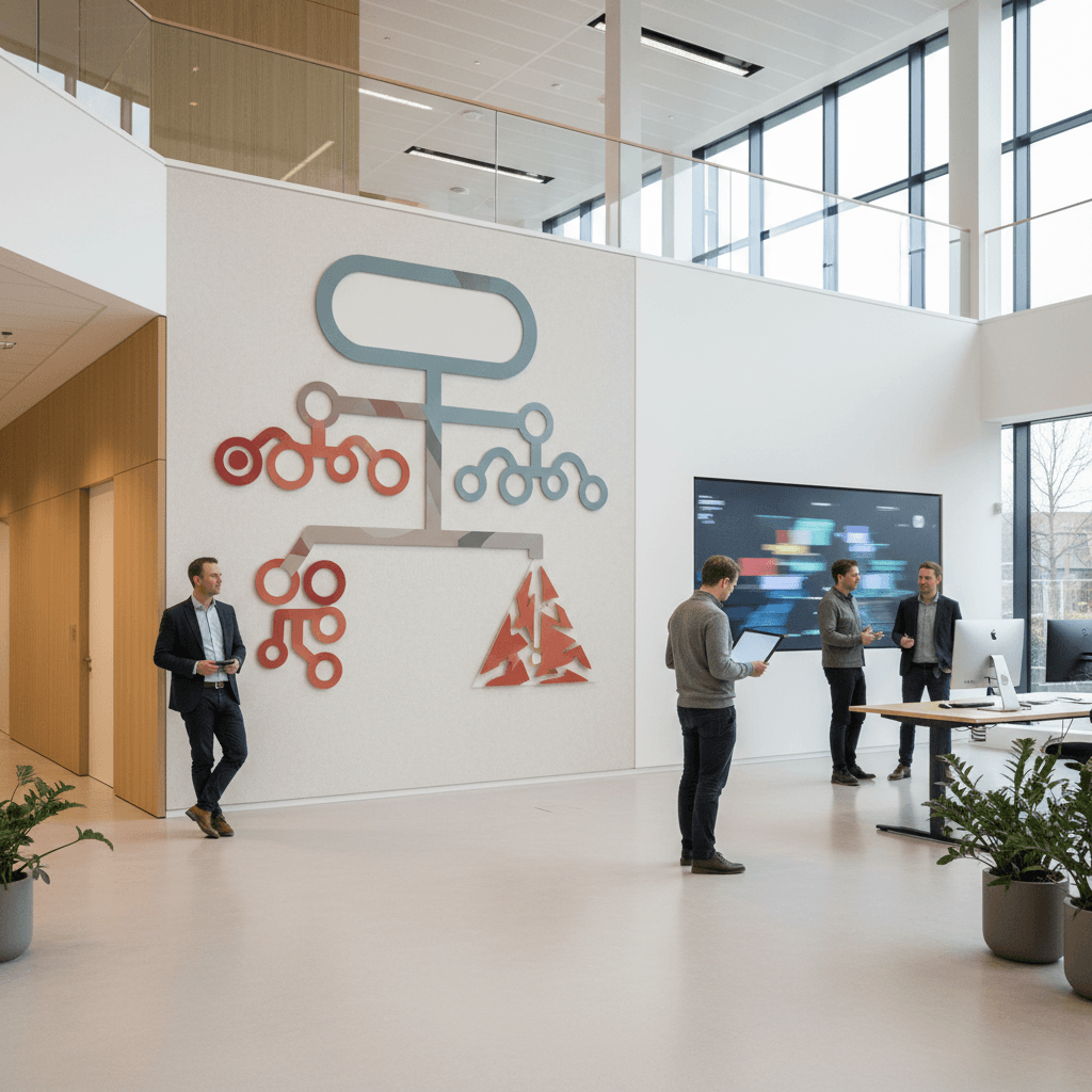 Beslisboom diagram: 'Gebruikt je voice AI emotiedata?' met vertakkingen naar 'werknemers' (verboden), 'klanten voor routering' (grijs gebied), 'klanten voor gedragssturing' (hoog risico)