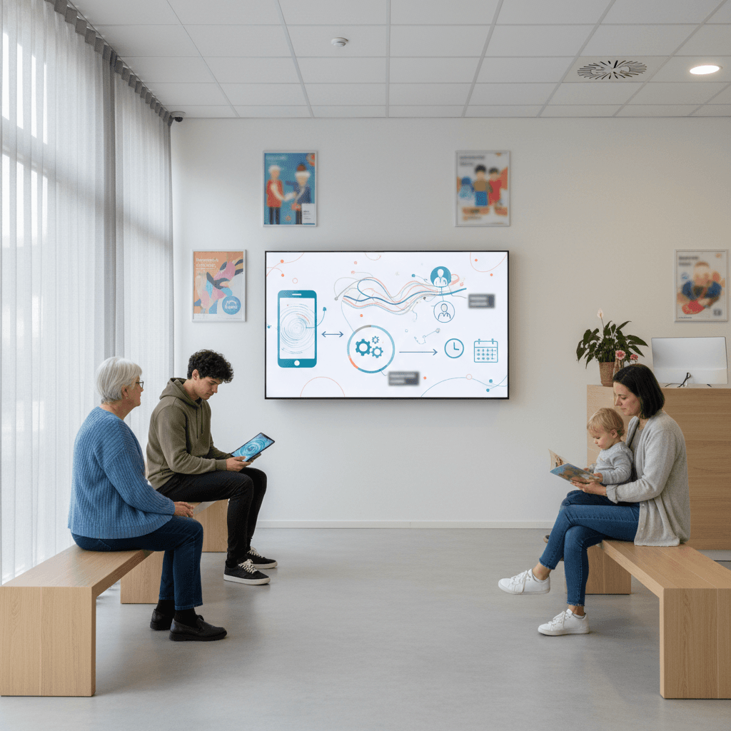 Schematische weergave van patiëntreis: telefoon met AI-assistent, automatische triage, doorschakeling naar juiste zorgverlener of terugbelafspraak