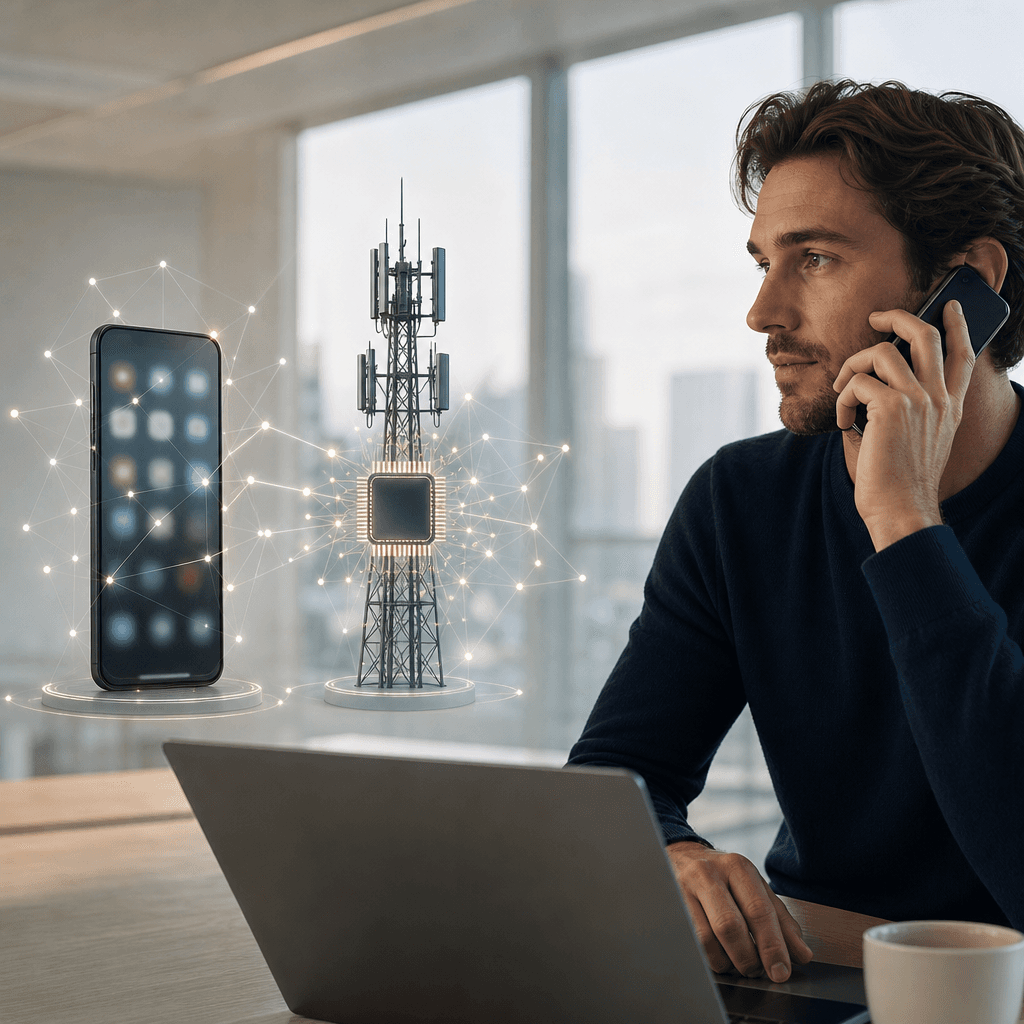 Infographic die network-level AI versus app-level AI vergelijkt, met aan de ene kant een smartphone met apps en aan de andere kant een telefoonnetwerk-icoon met ingebouwde AI-chip