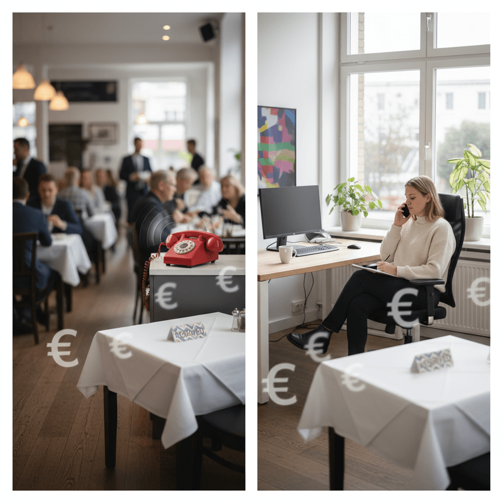 Split-screen illustratie: links een druk restaurant met rinkelende telefoon die niemand opneemt, rechts een lege tafel met 'gereserveerd' bordje en euro-tekens die vervagen