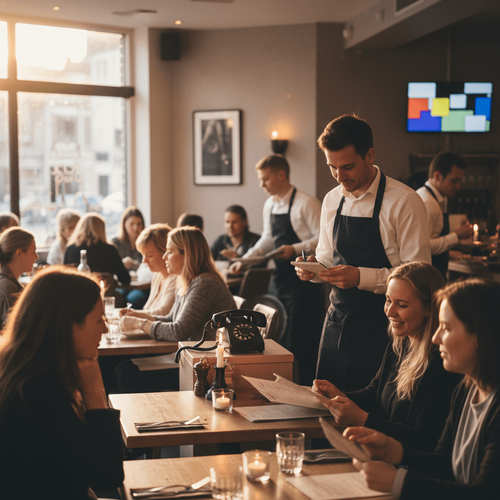 Een druk restaurant tijdens piekuur waar een telefoon rinkelt op de achtergrond terwijl al het personeel bezig is met gasten bedienen