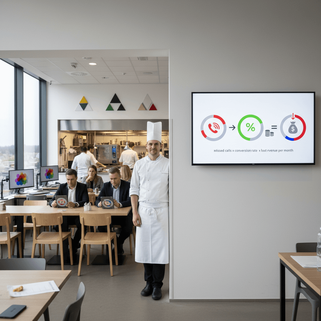 Infographic met de verloren omzet berekening: visuele weergave van gemiste calls × conversieratio × gemiddelde besteding = verloren omzet per maand