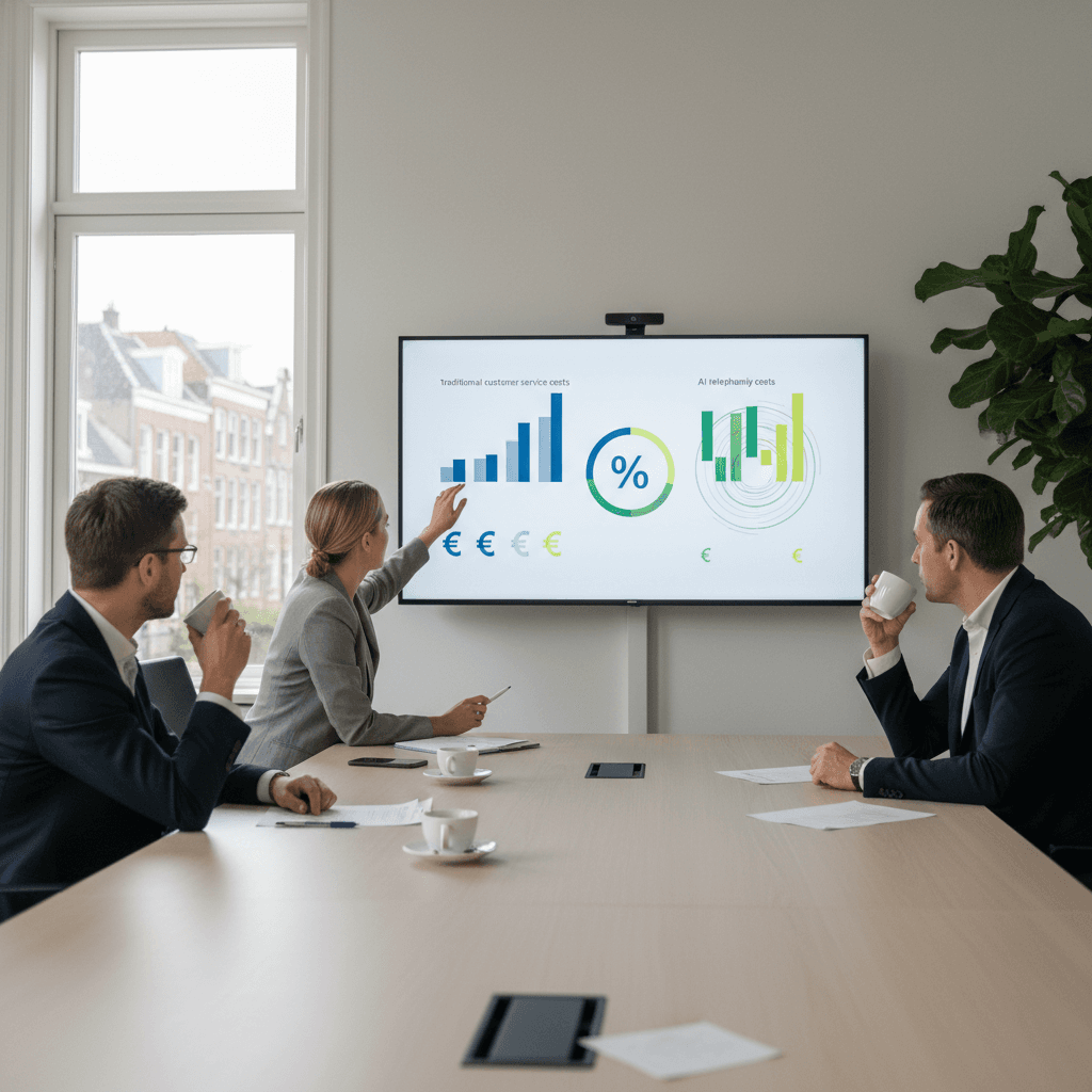 ROI-calculator visualisatie met Nederlandse euro-bedragen: linkerzijde kosten traditionele klantenservice, rechterzijde kosten AI-telefonie met besparingpercentage