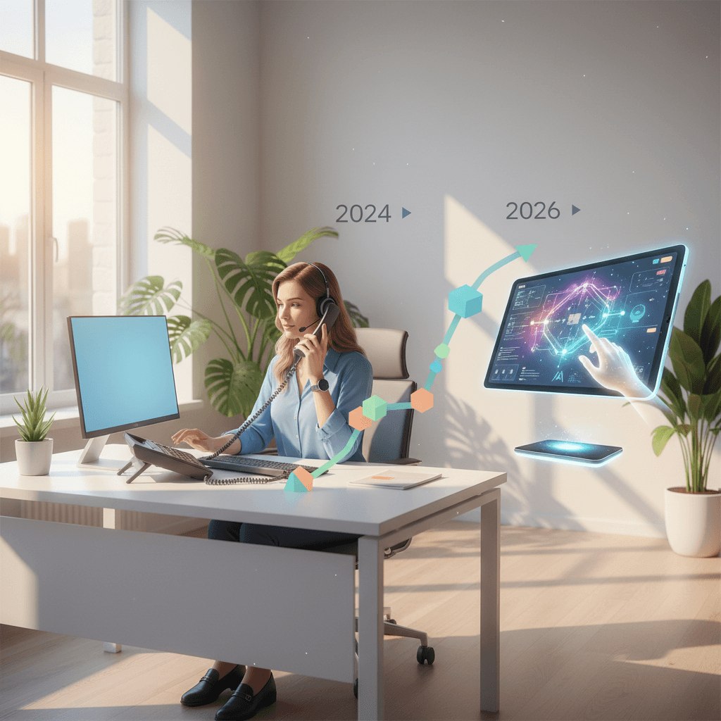 Een tijdlijn-infographic die de transitie van 2024 naar 2026 toont, met aan de linkerkant een traditionele receptionist en rechts een moderne AI-interface, verbonden door een stijgende adoptiecurve