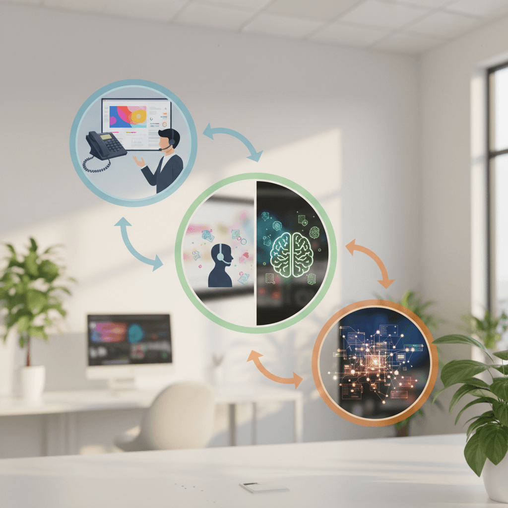Infographic met drie fases: linksboven een traditionele telefoon met medewerker, in het midden een gesplitst beeld van mens en AI die samenwerken, rechtsonder een volledig AI-gestuurde interface. Pijlen tonen de progressie.