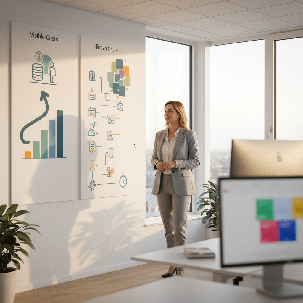 Infographic met twee kolommen: links 'Zichtbare kosten fysieke receptionist' (salaris), rechts 'Verborgen kosten' (lange lijst met kantoorruimte, ziekteverzuim, training, etc.) die samen veel hoger uitkomen