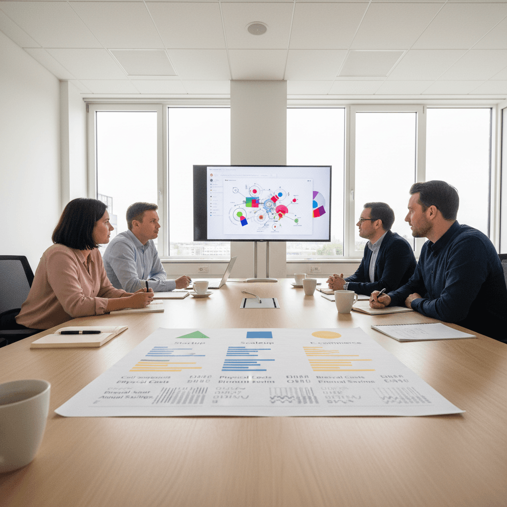 Vergelijkingstabel met drie kolommen (Startup/Scaleup/E-commerce) die per bedrijfstype toont: callvolume, kosten fysiek, kosten virtueel, break-even punt, en jaarlijkse besparing