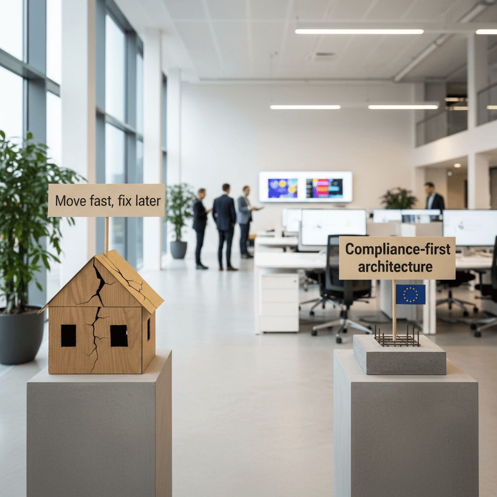 Visuele vergelijking van twee bouwprocessen: links een snel gebouwd huis met scheuren (label: 'Move fast, fix later'), rechts een stevig fundament met EU-vlag (label: 'Compliance-first architecture')