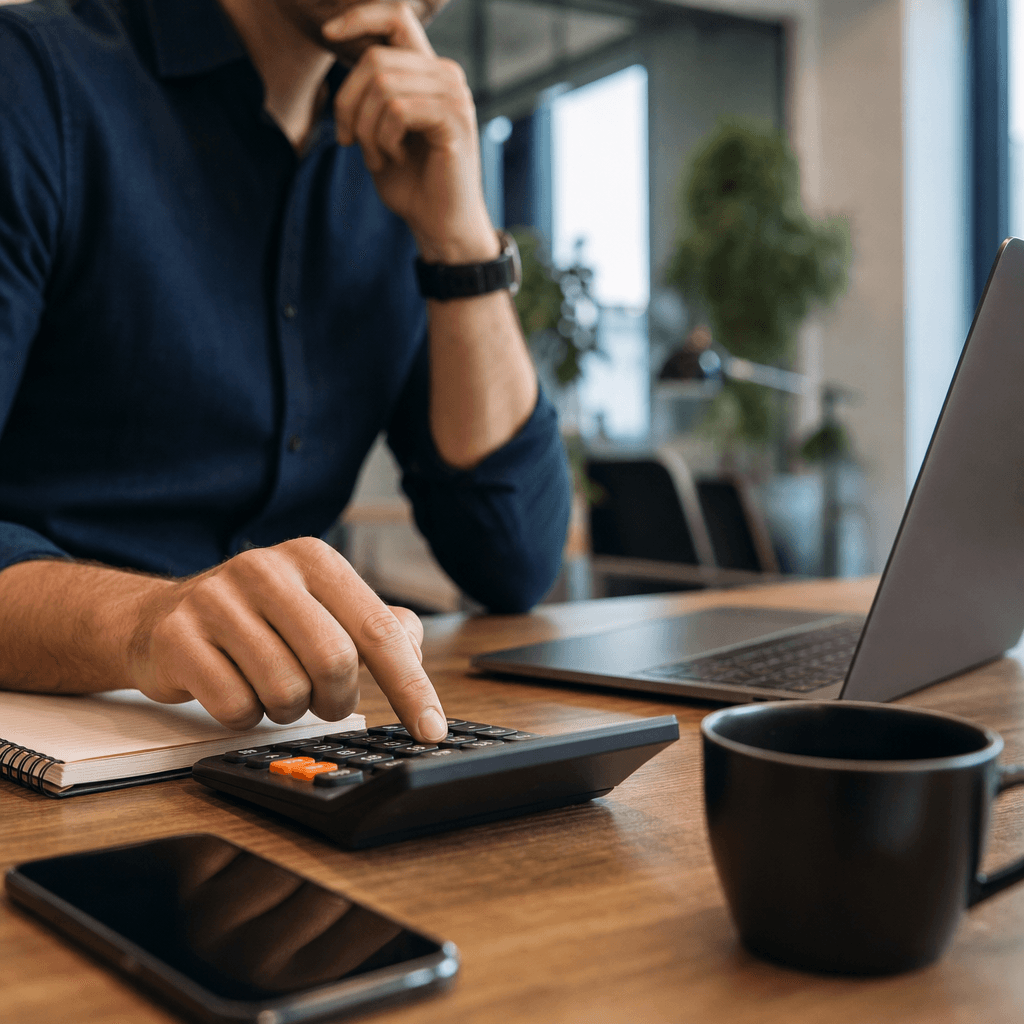 Rekenvoorbeeld in tabel- of calculatorstijl: links 'traditionele kosten' (€4 x 200 gesprekken = €800), rechts 'met voice AI' (€0,20 x 200 = €40). Onderaan grote tekst: 'Besparing: €760/maand'. Herkenbaar voor MKB-ondernemer.