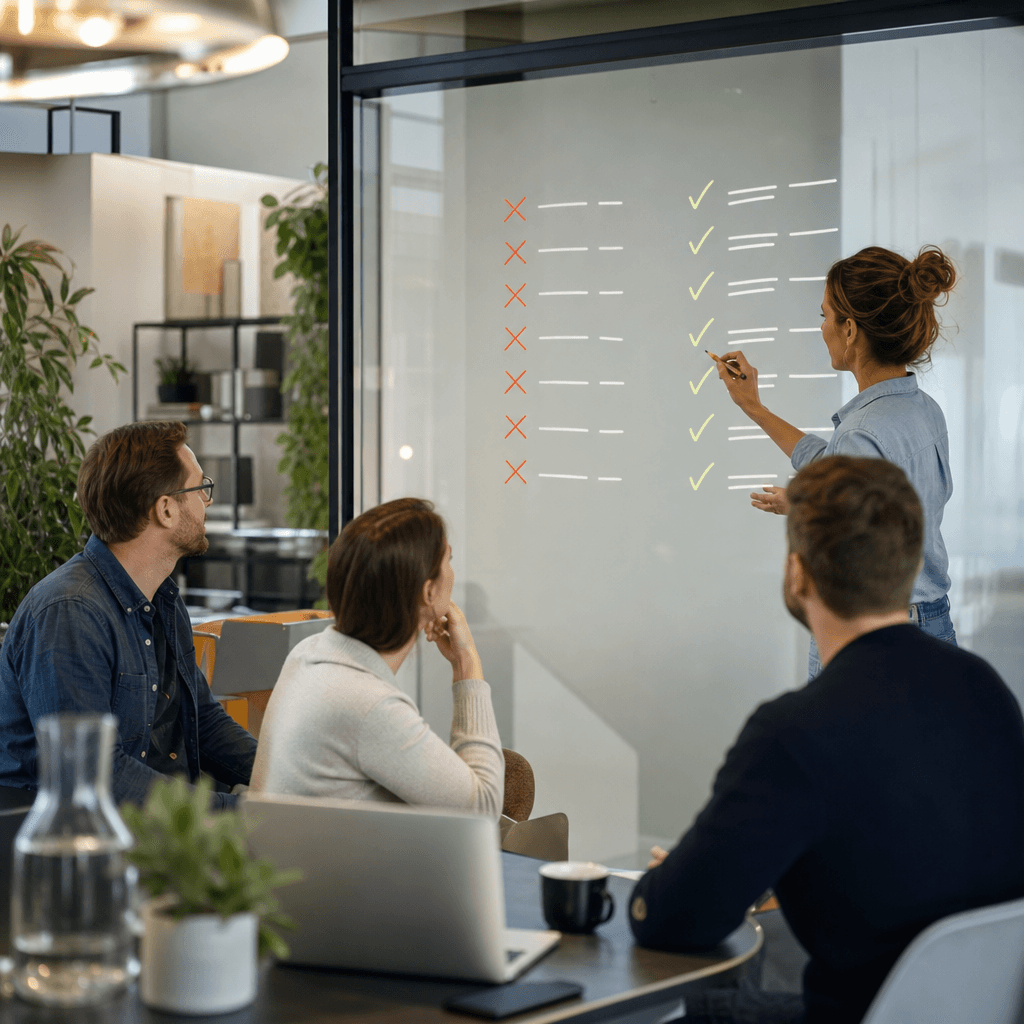 Vergelijkingstabel met twee kolommen: links enterprise criteria (doorgestreept) zoals CCaaS integraties en 100.000+ gesprekken, rechts MKB criteria (aangevinkt) zoals snelle setup, betaalbaar volume en WhatsApp follow-up