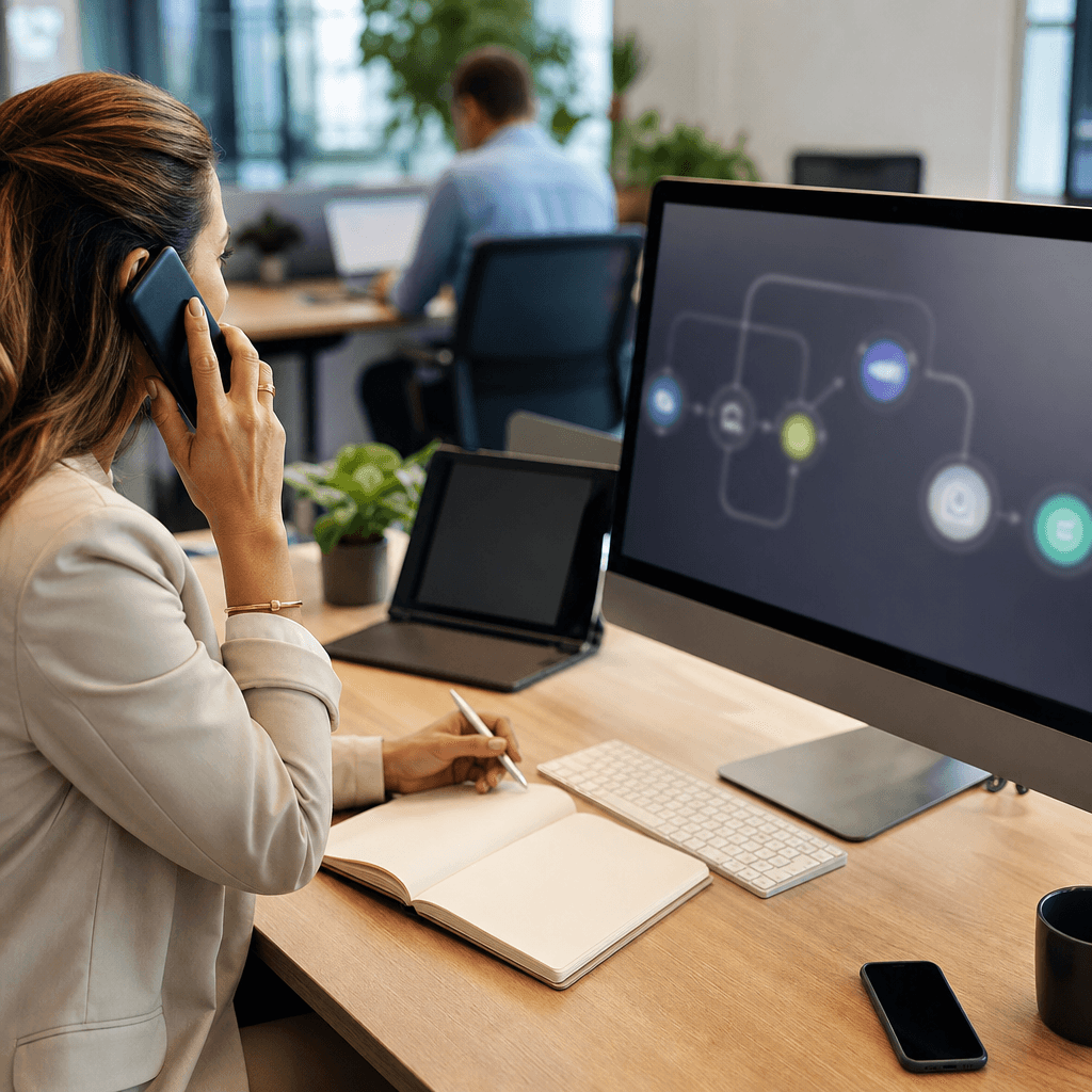 Flowchart van een gemiste oproep scenario: telefoon gaat over, AI detecteert geen opname, WhatsApp wordt verstuurd, klant klikt op terugbellink, gesprek wordt ingepland, CRM wordt bijgewerkt