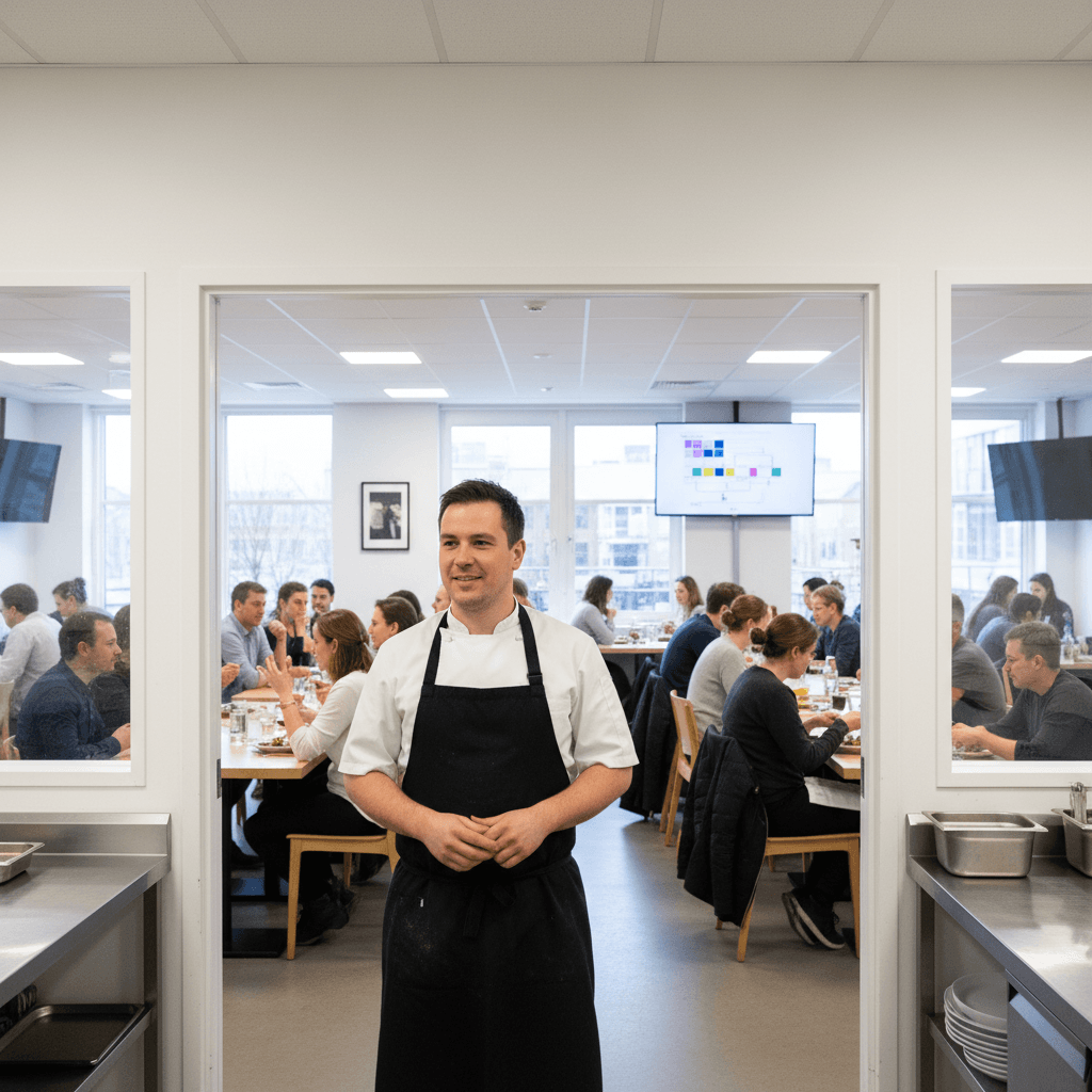 Visuele beslisboom met drie paden voor verschillende restauranttypes, eindigend in 'terugverdientijd' in maanden