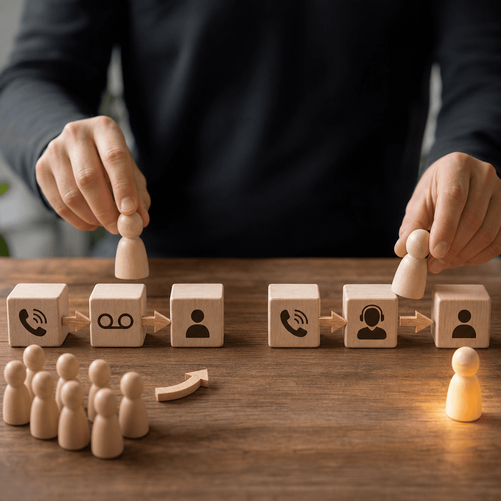 Infographic die de customer journey toont: inkomende oproep → voicemail → 80% haakt af → omzetverlies. Versus: inkomende oproep → direct antwoord → conversie.