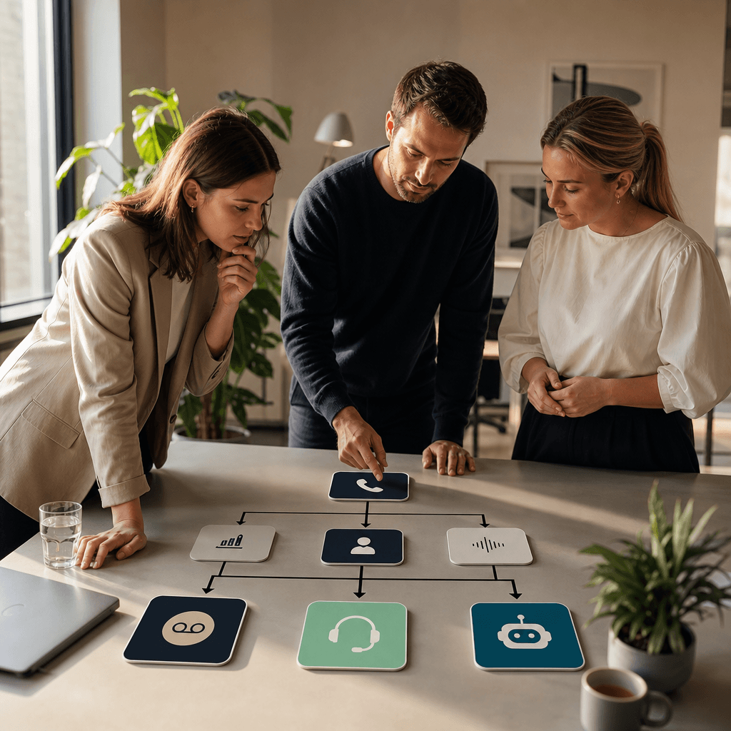Beslisboom flowchart met drie eindpunten: 'Voicemail volstaat', 'Upgrade naar transcriptie', 'Kies AI-agent'. Start met vragen over call-volume en conversiewaarde.