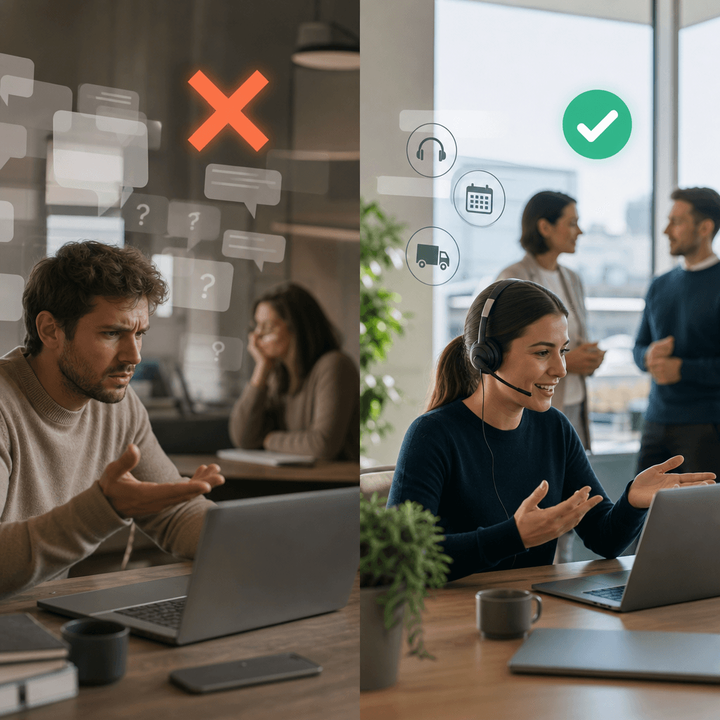 Infographic met twee kolommen: links een rode X bij 'General-purpose AI' met voorbeelden (algemene vraag-antwoord, open conversaties), rechts een groen vinkje bij 'Business AI' met voorbeelden (klantenservice, afspraken, ordertracking)