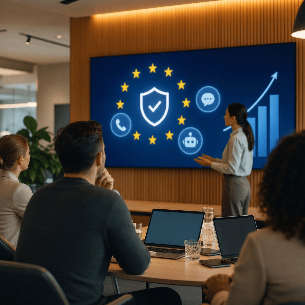 Visualisatie van de EU-vlag met daarin iconen van bescherming (schild) rond business automation symbolen, met groeicijfers van de AI-markt