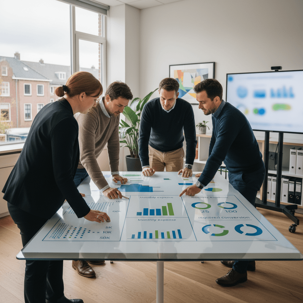 Tabel/calculator visual met drie kolommen: berichtenvolume (5K/10K/50K), maandelijkse kosten, en benodigde conversie bij verschillende ticket-sizes (€25/€50/€100)