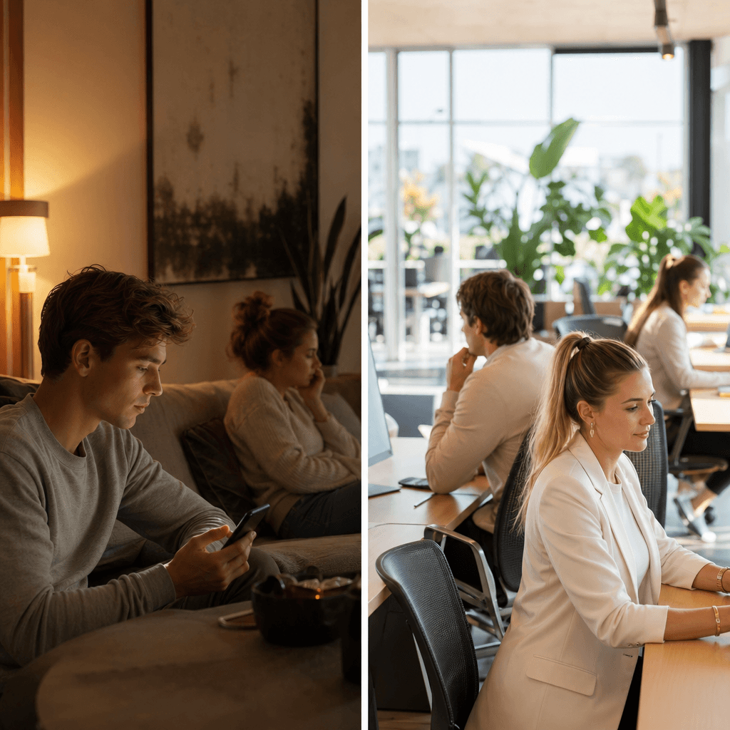 Split-screen scenario: links een traditionele situatie (lead stuurt bericht om 22:00, krijgt maandag pas antwoord, is dan al elders), rechts de AI-flow (direct antwoord, kwalificatie, afspraak geboekt voor maandag 09:00)